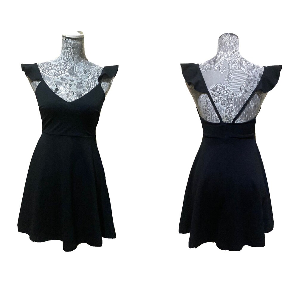 Windsor Black Skater Dress Womens XS Flutter Sleeve V Neck Party Cocktail Mini